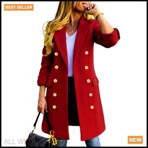 Wool Peacoat Double Breasted Trench Coat Midi Length Classic Slim Fit